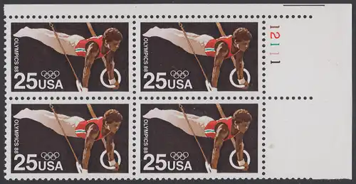 USA Michel 1996 / Scott 2380 postfrisch PLATEBLOCK ECKRAND oben rechts m/ Platten-# 12111 - Olympische Sommerspiele: Kunstturnen, Ringe