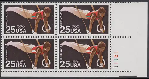 USA Michel 1996 / Scott 2380 postfrisch PLATEBLOCK ECKRAND unten rechts m/ Platten-# 12111 - Olympische Sommerspiele: Kunstturnen, Ringe
