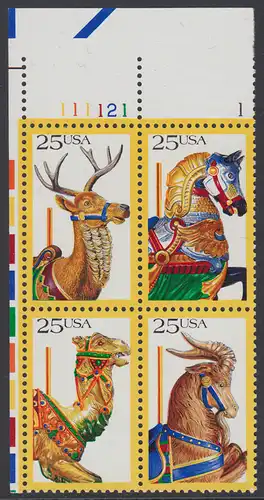 USA Michel 2010-2013 / Scott 2393 postfrisch PLATEBLOCK ECKRAND oben links m/ Platten-# 111121 - Karusselltiere