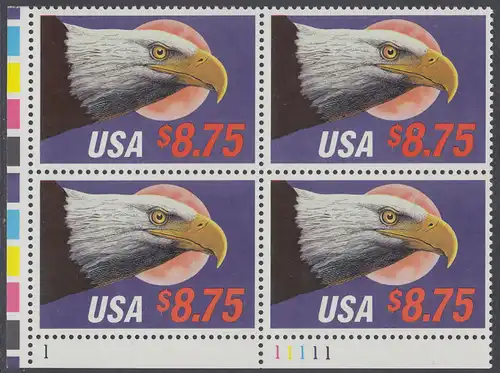 USA Michel 2014 / Scott 2394 postfrisch PLATEBLOCK ECKRAND unten links m/ Platten-# 1 - Eilpostmarke: Weißkopfseeadler 