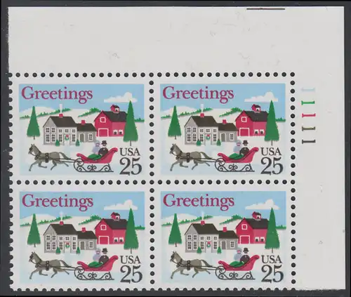 USA Michel 2015 / Scott 2400 postfrisch PLATEBLOCK ECKRAND oben rechts m/ Platten-# 11111 - Weihnachten: Winterlandschaft