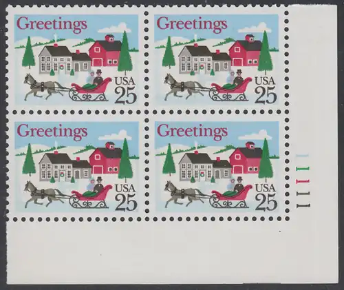 USA Michel 2015 / Scott 2400 postfrisch PLATEBLOCK ECKRAND unten rechts m/ Platten-# 11111 - Weihnachten: Winterlandschaft