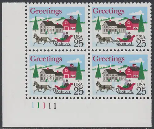 USA Michel 2015 / Scott 2400 postfrisch PLATEBLOCK ECKRAND unten links m/ Platten-# 11111 - Weihnachten: Winterlandschaft