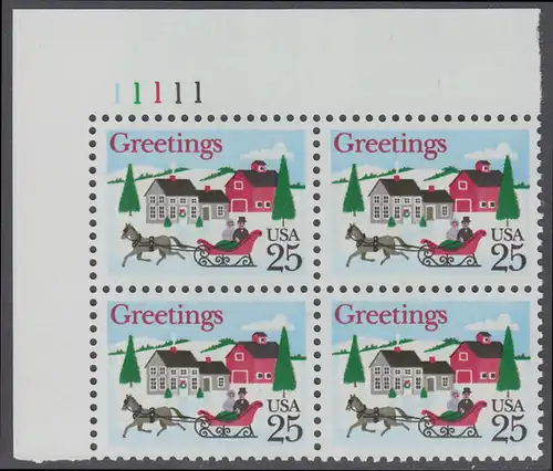USA Michel 2015 / Scott 2400 postfrisch PLATEBLOCK ECKRAND oben links m/ Platten-# 11111 (a) - Weihnachten: Winterlandschaft