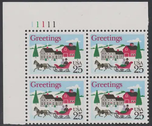 USA Michel 2015 / Scott 2400 postfrisch PLATEBLOCK ECKRAND oben links m/ Platten-# 11111 (b) - Weihnachten: Winterlandschaft
