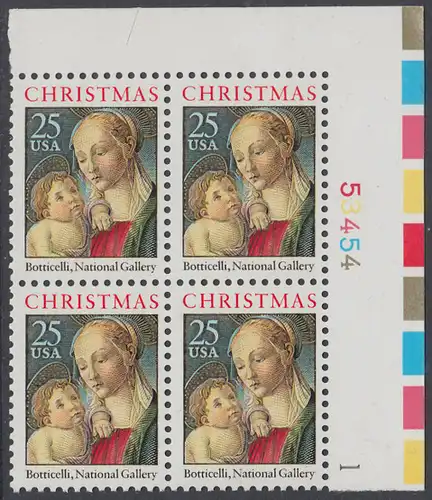 USA Michel 2016 / Scott 2399 postfrisch PLATEBLOCK ECKRAND oben rechts m/ Platten-# 53454 (b) - Weihnachten: Madonna mit Kind