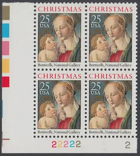 USA Michel 2016 / Scott 2399 postfrisch PLATEBLOCK ECKRAND unten links m/ Platten-# 22222 - Weihnachten: Madonna mit Kind