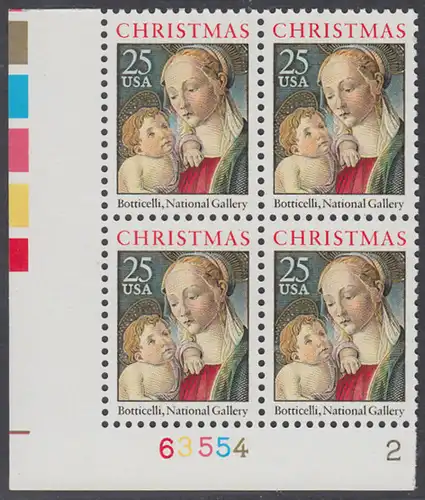 USA Michel 2016 / Scott 2399 postfrisch PLATEBLOCK ECKRAND unten links m/ Platten-# 63554 - Weihnachten: Madonna mit Kind