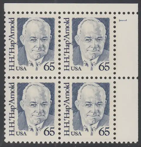 USA Michel 2026 / Scott 2191 postfrisch PLATEBLOCK ECKRAND oben rechts m/ Platten-# 1 - Amerikanische Persönlichkeiten: Henry Harley Hap Arnold (1886-1950), Luftwaffengeneral