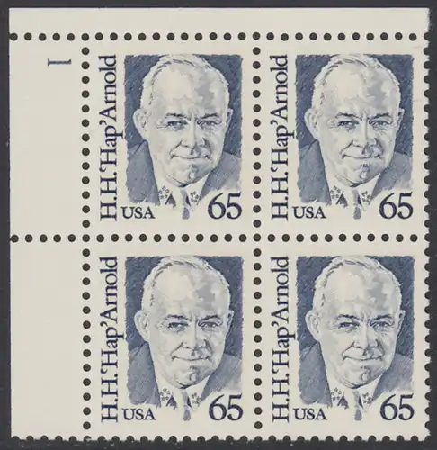 USA Michel 2026 / Scott 2191 postfrisch PLATEBLOCK ECKRAND oben links m/ Platten-# 1 - Amerikanische Persönlichkeiten: Henry Harley Hap Arnold (1886-1950), Luftwaffengeneral
