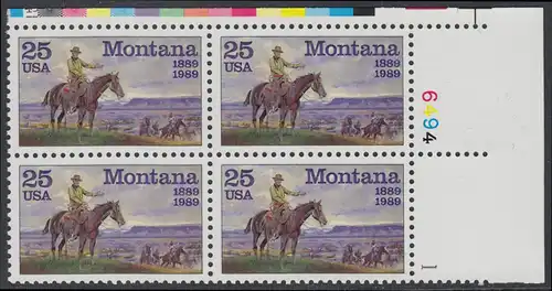 USA Michel 2027 / Scott 2401 postfrisch PLATEBLOCK ECKRAND oben rechts m/ Platten-# 6494 - 100 Jahre Staat Montana: Gemälde von C. M. Russell
