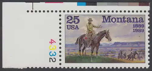USA Michel 2027 / Scott 2401 postfrisch EINZELMARKE ECKRAND oben links m/ Platten-# 4332 - 100 Jahre Staat Montana: Gemälde von C. M. Russell