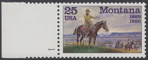 USA Michel 2027 / Scott 2401 postfrisch EINZELMARKE RAND links m/ Platten-# 1 - 100 Jahre Staat Montana: Gemälde von C. M. Russell