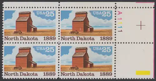 USA Michel 2029 / Scott 2403 postfrisch PLATEBLOCK ECKRAND oben rechts m/ Platten-# A1111 - 100 Jahre Staat North Dakota: Getreidespeicher