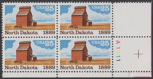 USA Michel 2029 / Scott 2403 postfrisch PLATEBLOCK ECKRAND unten rechts m/ Platten-# A1111 (a) - 100 Jahre Staat North Dakota: Getreidespeicher