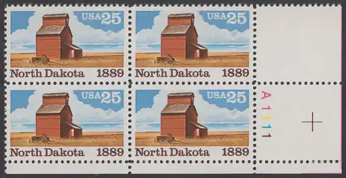 USA Michel 2029 / Scott 2403 postfrisch PLATEBLOCK ECKRAND unten rechts m/ Platten-# A1111 (b) - 100 Jahre Staat North Dakota: Getreidespeicher