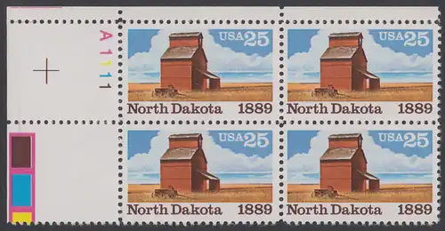 USA Michel 2029 / Scott 2403 postfrisch PLATEBLOCK ECKRAND oben links m/ Platten-# A1111 - 100 Jahre Staat North Dakota: Getreidespeicher