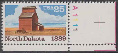 USA Michel 2029 / Scott 2403 postfrisch EINZELMARKE ECKRAND unten rechts m/ Platten-# A1111 - 100 Jahre Staat North Dakota: Getreidespeicher