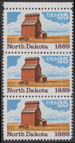USA Michel 2029 / Scott 2403 postfrisch vert.STRIP(3) RAND oben - 100 Jahre Staat North Dakota: Getreidespeicher