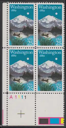 USA Michel 2030 / Scott 2404 postfrisch PLATEBLOCK ECKRAND unten links m/ Platten-# A1111 - 100 Jahre Staat Washington: Mt. Rainier