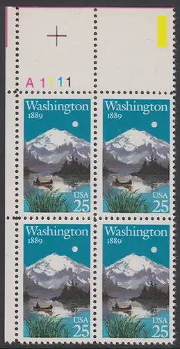 USA Michel 2030 / Scott 2404 postfrisch PLATEBLOCK ECKRAND oben links m/ Platten-# A1111 - 100 Jahre Staat Washington: Mt. Rainier