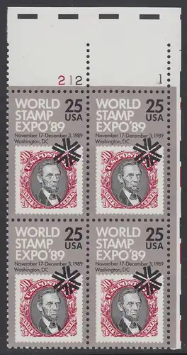 USA Michel 2036 / Scott 2410 postfrisch PLATEBLOCK ECKRAND oben rechts m/ Platten-# 212-1 - Internationale Briefmarkenausstellung WORLD STAMP EXPO 89, Washington, DC: Marke USA MiNr. 35