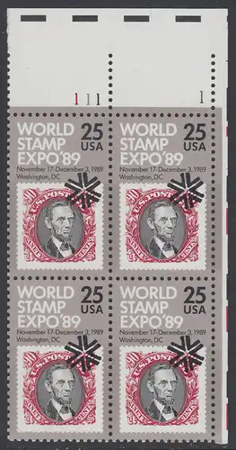 USA Michel 2036 / Scott 2410 postfrisch PLATEBLOCK ECKRAND oben rechts m/ Platten-# 111-1 - Internationale Briefmarkenausstellung WORLD STAMP EXPO 89, Washington, DC: Marke USA MiNr. 35