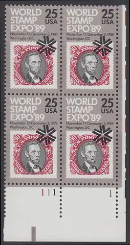 USA Michel 2036 / Scott 2410 postfrisch PLATEBLOCK ECKRAND unten rechts m/ Platten-# 1 - Internationale Briefmarkenausstellung WORLD STAMP EXPO 89, Washington, DC: Marke USA MiNr. 35