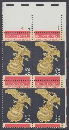 USA Michel 2039 / Scott 2413 postfrisch PLATEBLOCK ECKRAND oben rechts m/ Platten-# 1 - 200 Jahre Exekutive; George Washington (1732-1799) 1. Präsident (reg. 1789-97)