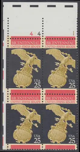 USA Michel 2039 / Scott 2413 postfrisch PLATEBLOCK ECKRAND oben links m/ Platten-# 414 - 200 Jahre Exekutive; George Washington (1732-1799) 1. Präsident (reg. 1789-97)