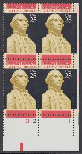 USA Michel 2040 / Scott 2414 postfrisch PLATEBLOCK ECKRAND unten rechts m/ Platten-# 1 - 200 Jahre Exekutive; George Washington (1732-1799) 1. Präsident (reg. 1789-97)