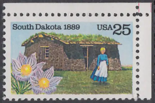 USA Michel 2041 / Scott 2416 postfrisch EINZELMARKE ECKRAND oben rechts - 100 Jahre Staat South Dakota: Pionierfrau vor Grassodenhaus