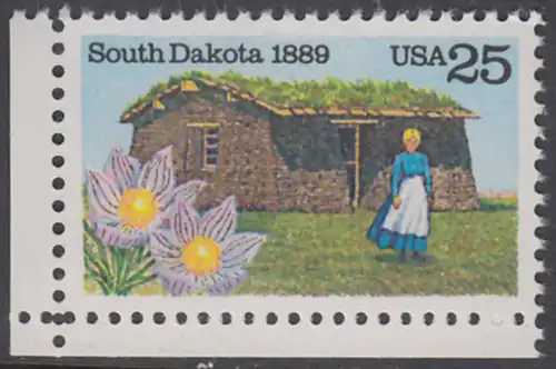 USA Michel 2041 / Scott 2416 postfrisch EINZELMARKE ECKRAND unten links - 100 Jahre Staat South Dakota: Pionierfrau vor Grassodenhaus
