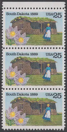 USA Michel 2041 / Scott 2416 postfrisch vert.STRIP(3) RAND oben - 100 Jahre Staat South Dakota: Pionierfrau vor Grassodenhaus
