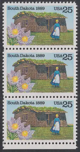 USA Michel 2041 / Scott 2416 postfrisch vert.STRIP(3) RAND unten - 100 Jahre Staat South Dakota: Pionierfrau vor Grassodenhaus