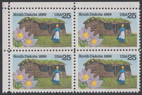 USA Michel 2041 / Scott 2416 postfrisch BLOCK ECKRAND oben links - 100 Jahre Staat South Dakota: Pionierfrau vor Grassodenhaus