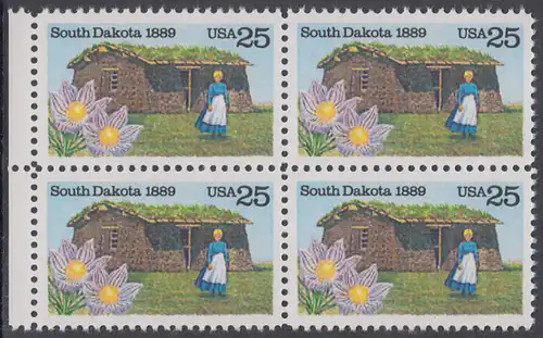 USA Michel 2041 / Scott 2416 postfrisch BLOCK RÄNDER links - 100 Jahre Staat South Dakota: Pionierfrau vor Grassodenhaus