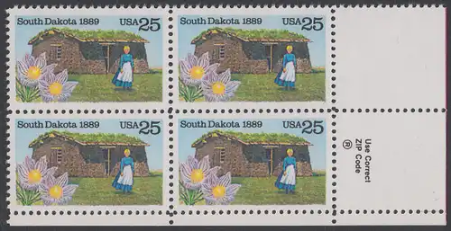 USA Michel 2041 / Scott 2416 postfrisch ZIP-BLOCK (lr) - 100 Jahre Staat South Dakota: Pionierfrau vor Grassodenhaus