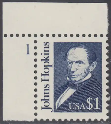 USA Michel 2042 / Scott 2194 postfrisch EINZELMARKE RAND oben links m/ Ülatten-# 1 - Amerikanische Persönlichkeiten: Johns Hopkins (1795-1873), Philanthrop