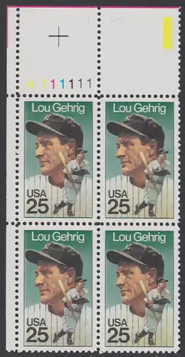 USA Michel 2043 / Scott 2417 postfrisch PLATEBLOCK ECKRAND oben links m/ Platten-# A111111 - Sportler: Henry Louis Lou Gehrig (1903-1941), Baseballspieler