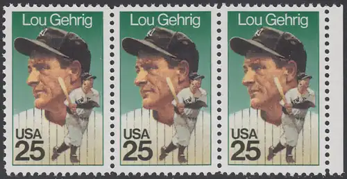 USA Michel 2043 / Scott 2417 postfrisch horiz.STRIP(3) RAND rechts - Sportler: Henry Louis Lou Gehrig (1903-1941), Baseballspieler