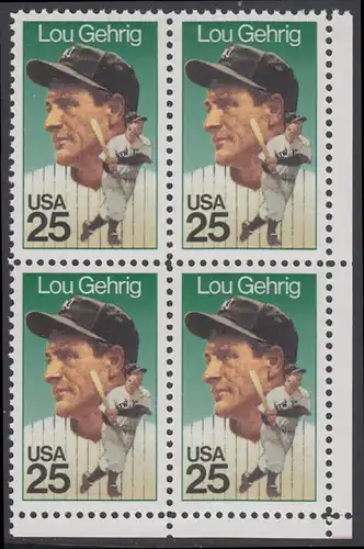 USA Michel 2043 / Scott 2417 postfrisch BLOCK ECKRAND unten rechts - Sportler: Henry Louis Lou Gehrig (1903-1941), Baseballspieler