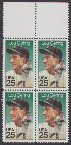 USA Michel 2043 / Scott 2417 postfrisch BLOCK RÄNDER oben - Sportler: Henry Louis Lou Gehrig (1903-1941), Baseballspieler