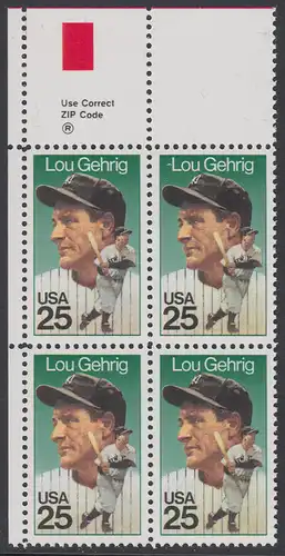 USA Michel 2043 / Scott 2417 postfrisch ZIP-BLOCK (ul) - Sportler: Henry Louis Lou Gehrig (1903-1941), Baseballspieler