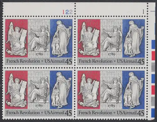 USA Michel 2044 / Scott C120 postfrisch PLATEBLOCK ECKRAND oben rechts m/ Platten-# 1 - Luftpostmarke: 200. Jahrestag der Französischen Revolution; Sinnbilder für Freiheit, Gleichheit und Brüderlichkeit