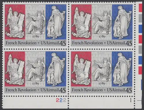 USA Michel 2044 / Scott C120 postfrisch PLATEBLOCK ECKRAND unten rechts m/ Platten-# 222-1 (a) - Luftpostmarke: 200. Jahrestag der Französischen Revolution; Sinnbilder für Freiheit, Gleichheit und Brüderlichkeit