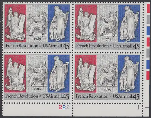 USA Michel 2044 / Scott C120 postfrisch PLATEBLOCK ECKRAND unten rechts m/ Platten-# 222-1 (b) - Luftpostmarke: 200. Jahrestag der Französischen Revolution; Sinnbilder für Freiheit, Gleichheit und Brüderlichkeit
