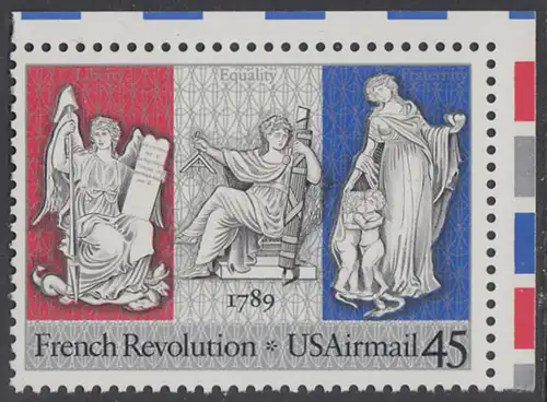USA Michel 2044 / Scott C120 postfrisch EINZELMARKE ECKRAND oben rechts - Luftpostmarke: 200. Jahrestag der Französischen Revolution; Sinnbilder für Freiheit, Gleichheit und Brüderlichkeit