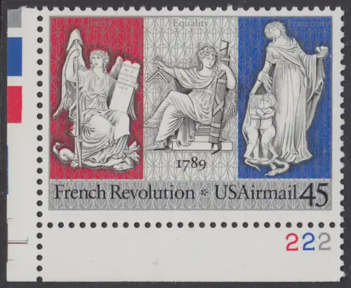 USA Michel 2044 / Scott C120 postfrisch EINZELMARKE ECKRAND unten links m/ Platten-# 222 - Luftpostmarke: 200. Jahrestag der Französischen Revolution; Sinnbilder für Freiheit, Gleichheit und Brüderlichkeit