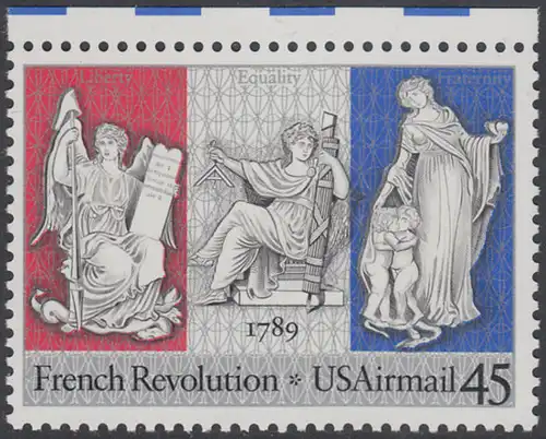 USA Michel 2044 / Scott C120 postfrisch EINZELMARKE RAND oben - Luftpostmarke: 200. Jahrestag der Französischen Revolution; Sinnbilder für Freiheit, Gleichheit und Brüderlichkeit